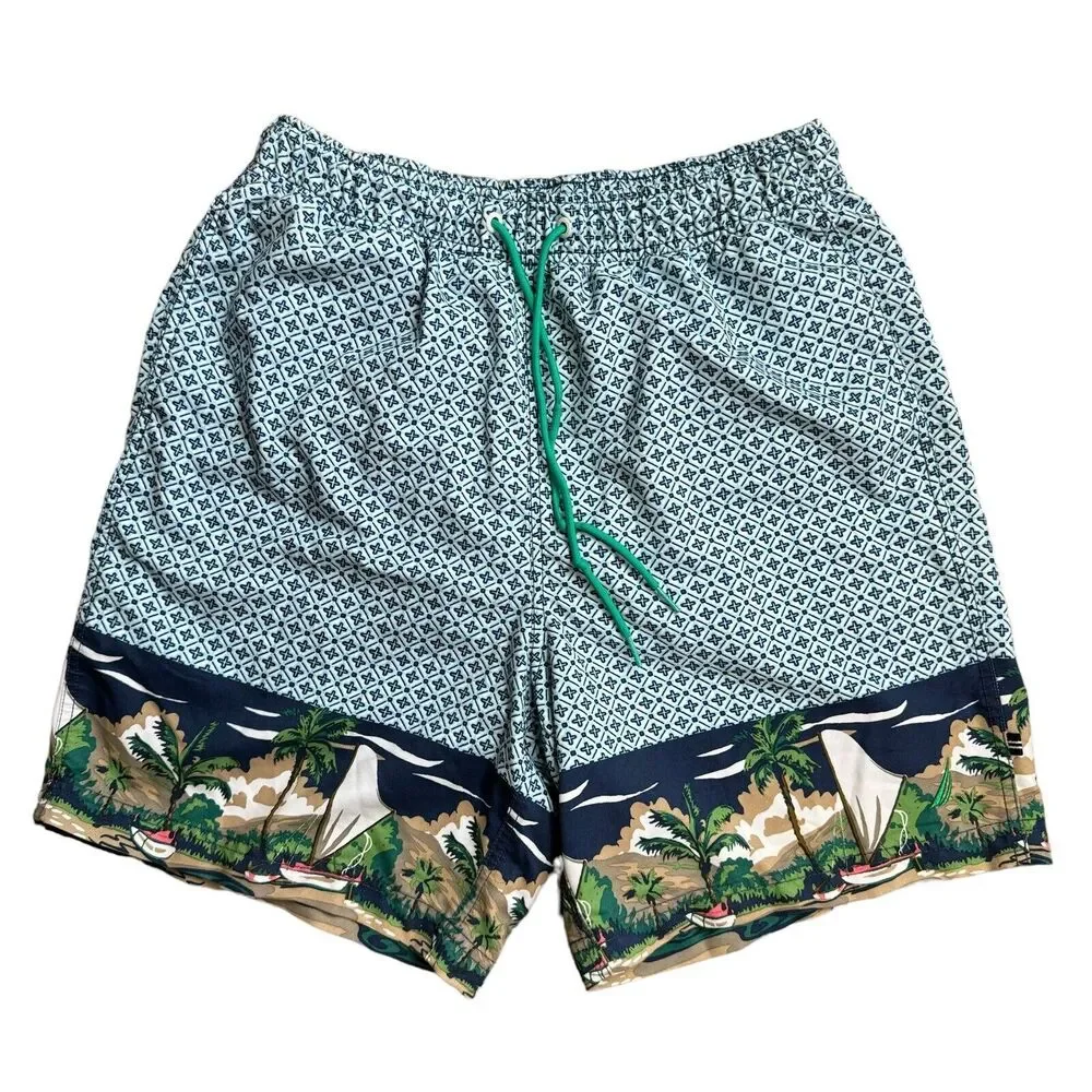 Nautica Swim Trunks Size M Multicolored Built In Brief Pockets Sailboat Print